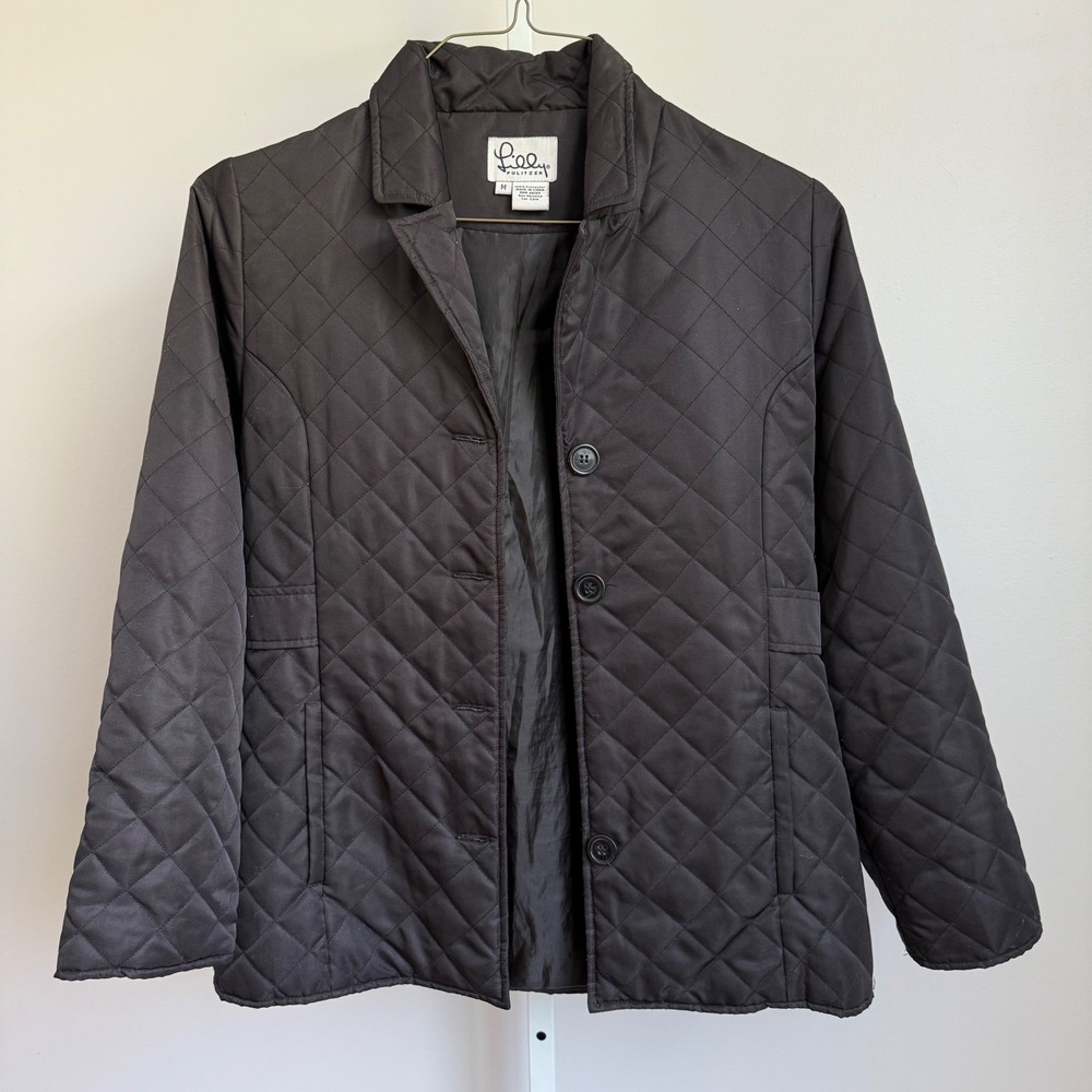 Lilly Pulitzer Black‎ Quilted Jacket Button Front sz M Outdoors Grandmacore